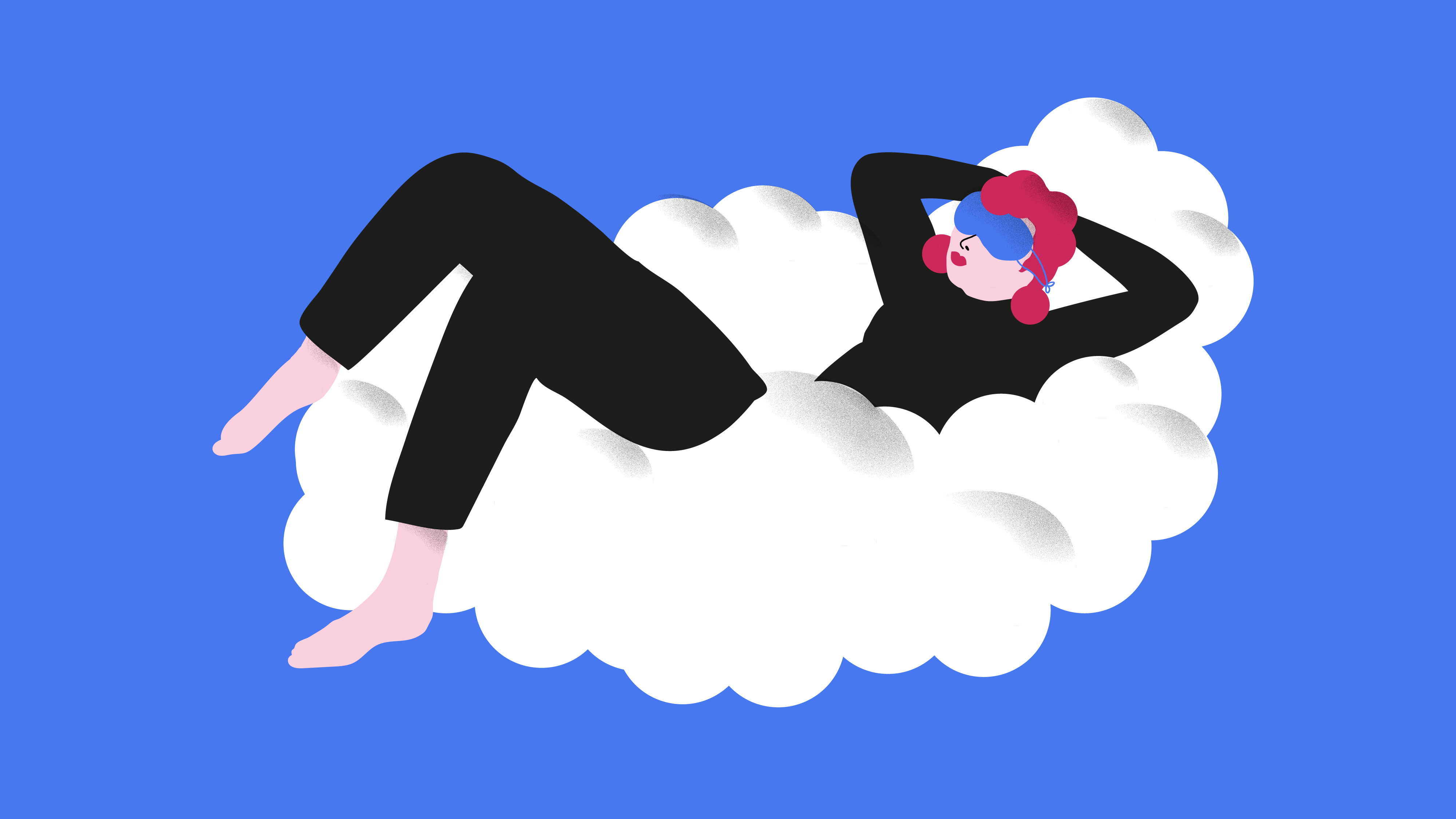 Illustration: Eine Person liegt mit einer Augenbilde über den Augen auf eine Wolke.